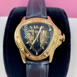 T-WINNER unique Skeleton triangle dial wrist watch gold-tone black band bracelet